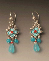 earrings of blue quartz, coral, pearl and enamel.